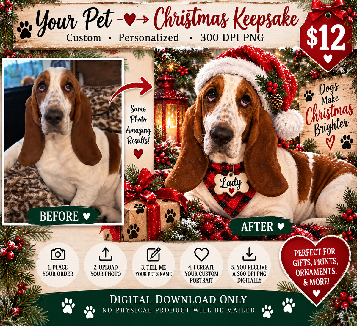 Custom pet Christmas portrait before and after personalized digital PNG